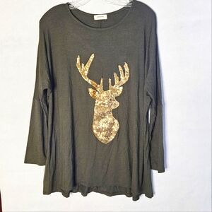 Adrienne Tunic Top Gold Sequin Deer Reindeer Olive Green
